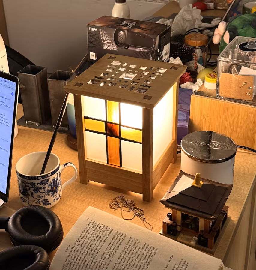 Handmade wooden desk lamp with stained glass panel